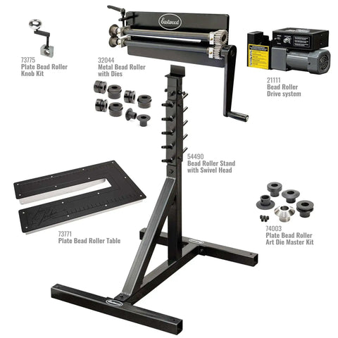 19 Inch Plate Bead Roller Kit For Metal Fabrication With 360 Degree Swivel Stand and Integrated Die Storage components shown