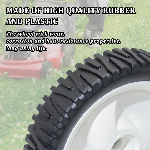Close-up of wheel from 2 Pack 8 Inch Front Lawn Mower Wheels For Push Mower Replacement, heavy duty plastic and rubber, Craftsman models
