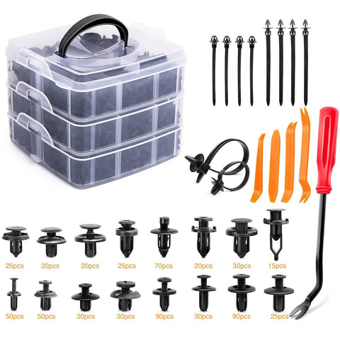 635-Pack Auto Rivet Retainer Clip Set in a clear multi-drawer case, 16 sizes by VXB Bearings