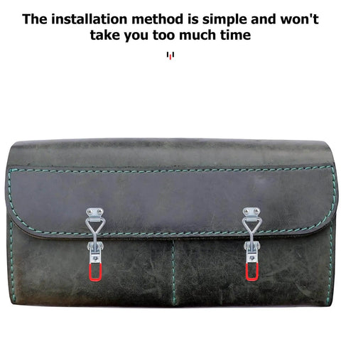 Front view of a leather bag with two toggle clamps and stitching, caption on top about easy installation method.
