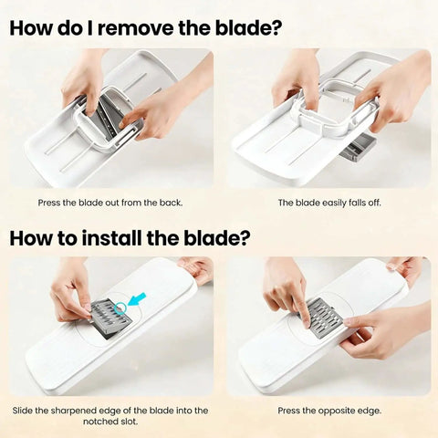 Steps to remove and install blades on Must Have 8 In 1 Vegetable Chopper And Mandoline Slicer With Container And 8 Blades