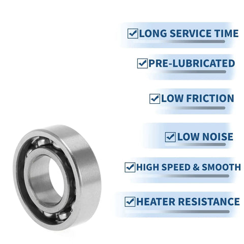 Deep Groove Ball Bearings 17x35x10mm Pre Lubricated Open Type for wheels, 2 pack, silver tone with labels for features like low friction