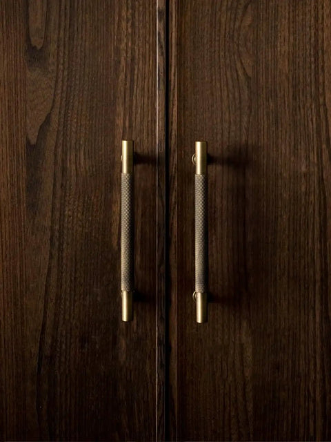 Antique Brass Knurled Cabinet Pulls 5 Inch Center To Center Solid Brass Dresser Drawer Handles on dark wood cabinets