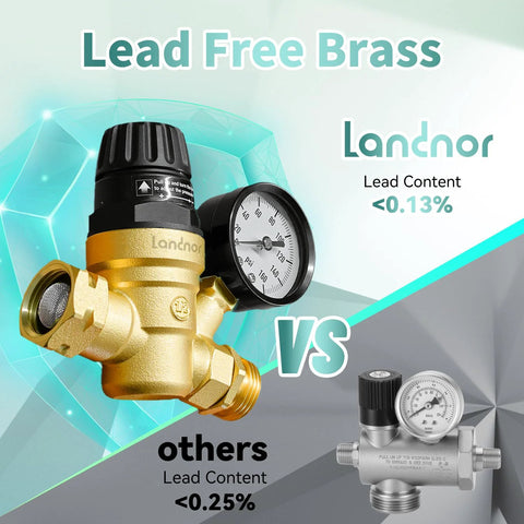 LANDNOR RV water pressure regulator valve with gauge and adjustable knob; brass lead-free regulator shown beside chrome regulator (two units)