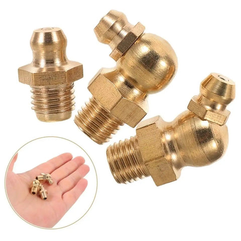 9 Piece Copper Threaded Grease Fittings Kit With Straight And Angled Nipples For Cars And Excavators shown in hand