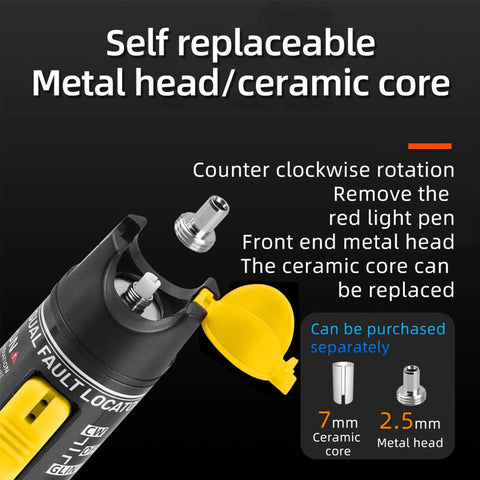 Fiber optic visual fault locator (VFL) hand tool with yellow cap, self-replaceable metal head and ceramic core