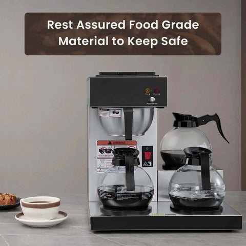 12-Cup Commercial Drip Coffee Maker With Three Lower Warmers And Glass Decanters, Stainless Steel Finish, easy office use.
