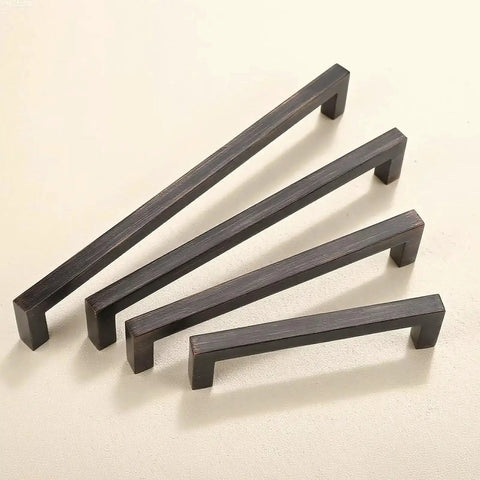 10 Pack Oil Rubbed Bronze Solid Zinc Cabinet Pulls, 5 Inch Center to Center, 5.35 Inch Overall Length, showing square handles on display