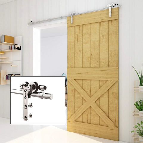 8Ft Stainless Steel Sliding Barn Door Hardware Kit With Quiet Glide installed on wooden door in home interior