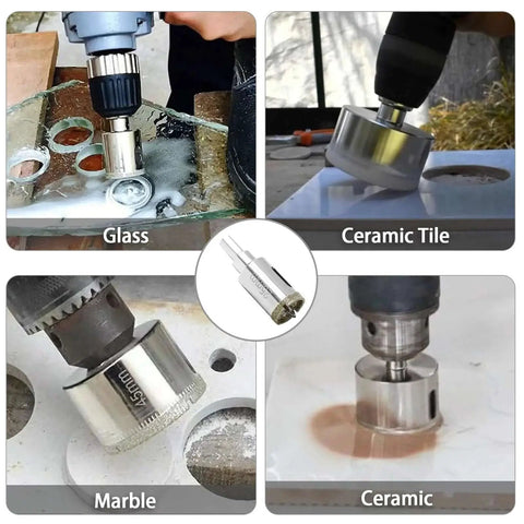 One Inch Diamond Hole Saw With Pilot Drill Bit For Glass Tile Marble Granite Porcelain Quartz Fiberglass Ceramic Cuts Clean Holes In Bathrooms And Kitchens With Heavy Duty 1.57 Inch Cutting Depth And 25mm Diameter Triangular Shank in use on various materials.