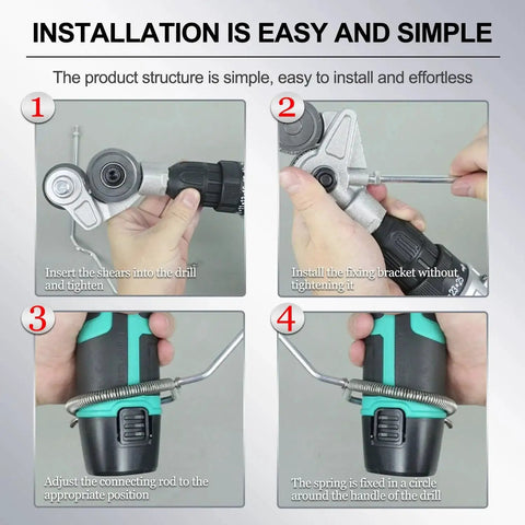 Installation guide for Sheet Metal Nibbler Drill Attachment For Electric Drills, showing assembly steps on a drill handle.