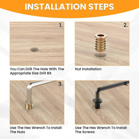 Installation steps for 50 Sets 1/4-20 X 19/32 Inch Threaded Inserts And Bolts For Wood Hex Socket Drive Furniture Screws Kit
