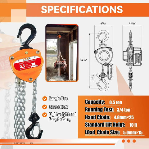 Half Ton Chain Hoist 1100 Lbs Capacity 10 Ft Manual Chain Block With Hooks specifications and features illustration