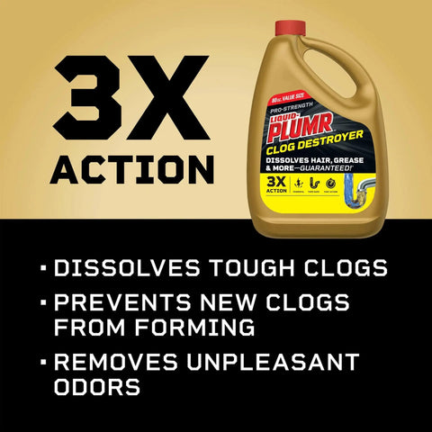 Image of Pro Strength Clog Destroyer Gel For Drains Liquid Drain Cleaner 80 Oz with 3X action label showing benefits.