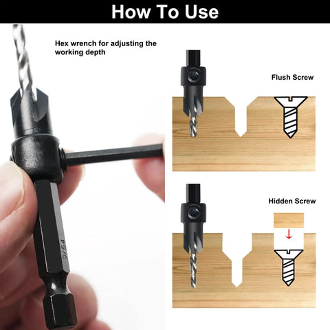 How to use Three Piece Countersink Drill Bit Set For Woodworking And Carpentry With M2 HSS Tapered Bits and cutter on wood