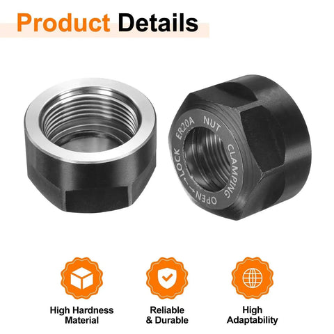 Two ER20 A M25 collet nuts with dynamic balance holes in 40Cr alloy steel, black and bright silver finish, shown with product details icons.