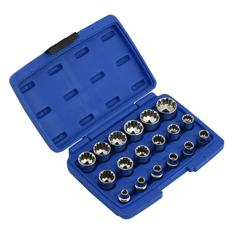 Three Eighths Drive Universal Socket Set 18 Piece Spline And SAE Metric Works On 6 Point 12 Point And Spline Fasteners in blue case