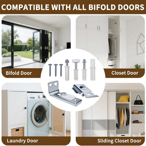 2 Pack Bifold Door Hardware Repair Kit for Folding Closet Doors with pivots, guide wheels, brackets, screws displayed with four door types.