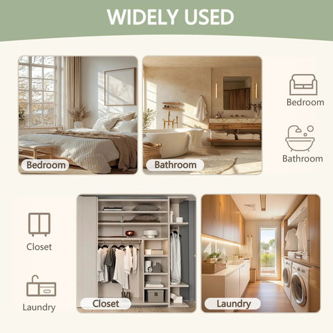 Collage of different rooms: bedroom, bathroom, closet, and laundry.