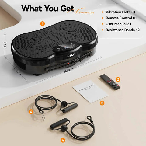 Full Body Vibration Plate Shake Platform set with remote, user manual, and resistance bands for home gym fat burn and toning 300 lbs