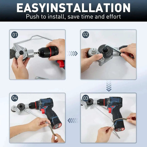Easy installation of Heavy Duty Nibbler Drill Attachment for electric drills with step-by-step guide for sheet metal cutting.