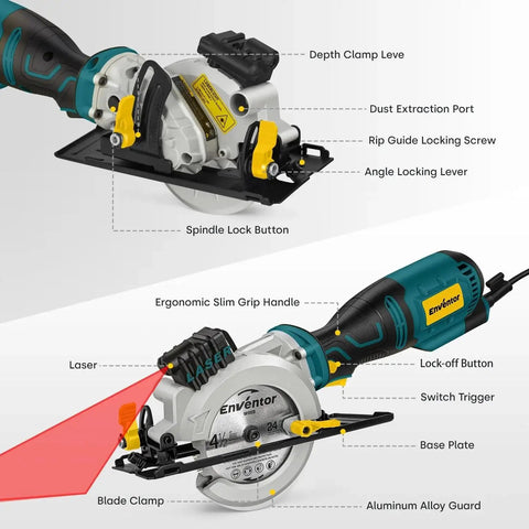 Diagram of Powerful Mini Circular Saw With 5.8 Amp Motor Delivers 3500 RPM For Wood Metal Tile PVC And Aluminum Four And A Half Inch Blade Comes With Six Blades Laser Guide DIY Friendly Adjustable Cutting Depth For 90 Degree And 45 Degree Cuts Enventor with labeled parts.