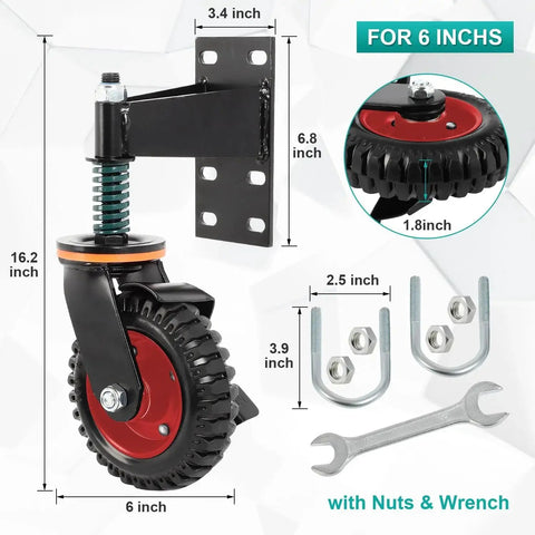 6 Inch Gate Wheels With Brake, 360 Degree Swivel, Spring Loaded Gate Rollers For Metal And Wood Gates, 500 Lbs Capacity