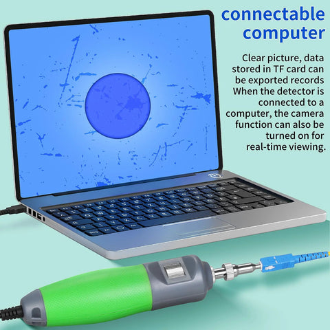Fiber optic inspection video probe A-600 connected to a laptop; green handheld unit with blue fiber tip