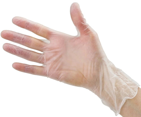 Hand wearing Latex Free Vinyl Gloves Large 100 Count Heavy Duty Powder Free For Food Prep