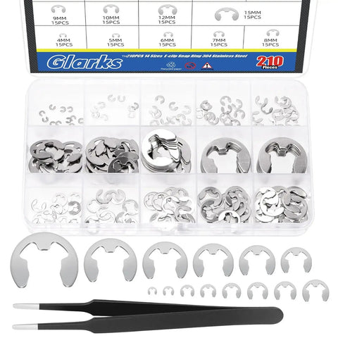 304 Stainless Steel E Clips Retaining Rings Set, 14 Sizes From 1.5mm to 15mm, Heat Treated External Retaining Clips with Tweezers