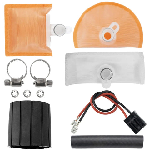 Image of Electric Fuel Pump With No Fuss Install Kit For Toyota Camry 4Runner Tacoma Tundra Avalon Celica Corolla FJ Cruiser Highlander Sienna And Honda Civic CR V Element Fit Odyssey Passport 100 Percent Rigorously Tested Before Shipping, showing components and accessories.