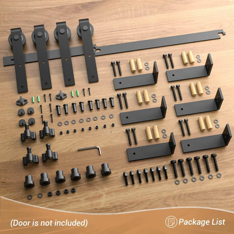 Black 7 Ft Ceiling Mount Sliding Barn Door Hardware Kit With L Shape Brackets For Low Ceiling Spaces shown in package content layout