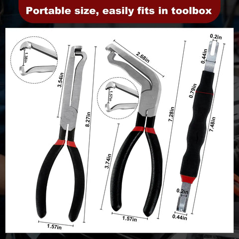 4 Piece Automotive Electrical Disconnect Pliers Set 37960 Straight 37980 60 Degree 13120 Dual Head Carbon Steel Fuel Line Disconnect Tools for Cars Mechanics and DIYers displayed from the front showing sizes and features.