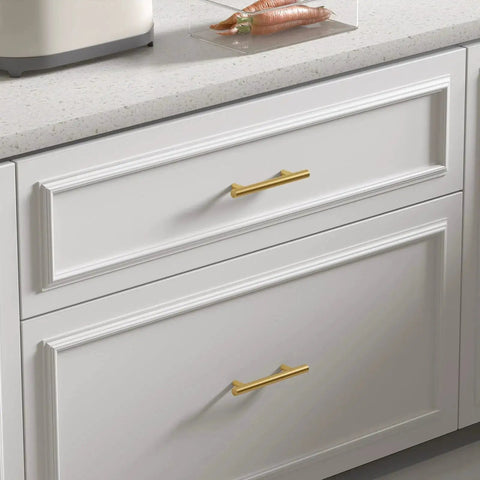 30 Pack 3 Inch Gold Cabinet Handles For Cupboards And Drawers, Fade Resistant Stainless Steel Gold Cabinet Pulls on white drawers