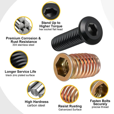 Threaded Inserts And Bolts Kit For Wood Furniture Projects 9 Sets DIY Friendly 3/8-16 x 25mm Threaded Inserts 3/8-16 x 1-1/4 Inch Screws 3/8 Inch Flat Head Stainless Steel Bolts Hex Socket Drive Includes 2 Hex Wrenches Rust Resistant product details