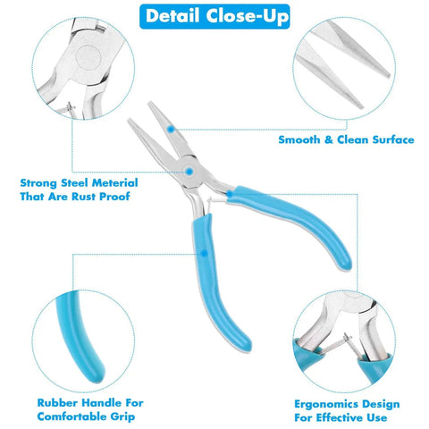 Close-up of Essential 3 Piece Jewelry Pliers Set for DIY Wire Wrapping and Repairs with Needle Nose, Chain Nose, Round Nose Pliers and Wire Cutter by Shynek, highlighting rust-proof steel and ergonomic handles.
