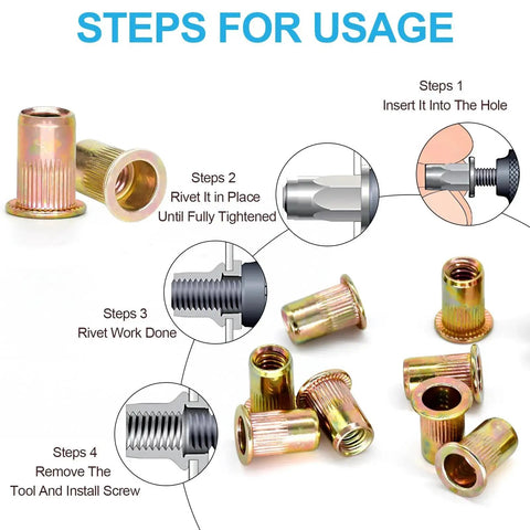 Rivet Nuts Kit 100 Pcs 1 4 20 UNC Zinc Plated Carbon Steel Nutserts showing installation steps and product close-up.