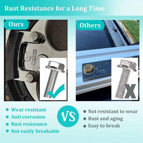 Comparison of stainless steel and rusted bolt installation, featuring 6Pcs M10x1.5 40mm Stainless Steel Flange Exhaust Bolts Nuts Kit For Securing Exhaust Manifold And Components Heavy Duty Hex Head Fasteners Automotive Hardware For Cars And Trucks.