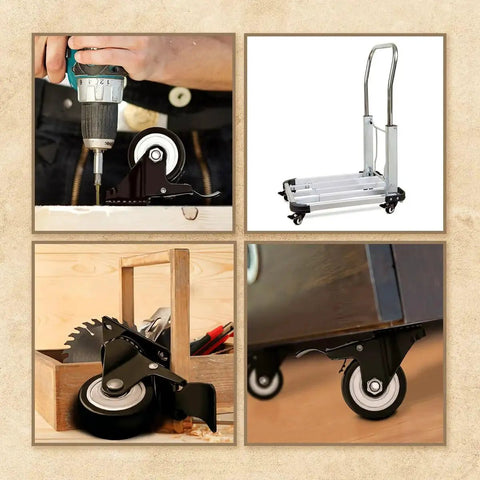 Swivel Caster Wheels 1.5 Inch Rubber Base With Top Plate Bearings, installed on carts and furniture, showing heavy-duty use