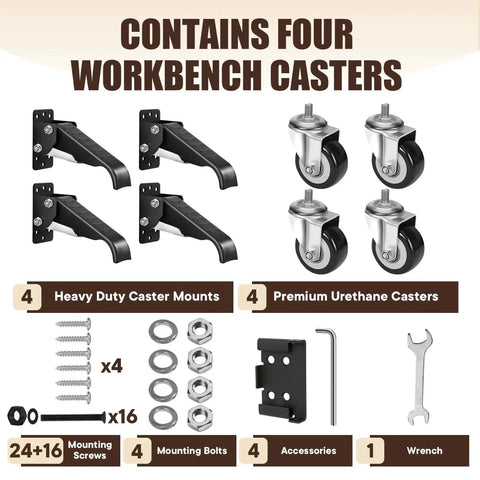 Heavy Duty Workbench Casters Kit 900 Lbs Quick Release With Two Mounting Options showing components including mounts and casters.