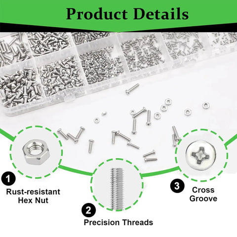 M1.6 Micro Screws And Nuts Kit With 600 Pieces in grid display, includes precision threads, cross groove, rust-resistant hex nut