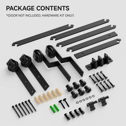 Heavy Duty 8 Foot Sliding Barn Door Hardware Kit For Double Wooden Doors With Single Track And Bypass Floor Guide Black Powder Coated Carbon Steel Components Laid Out