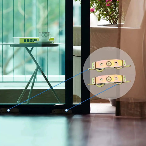 Heavy-Duty Sliding Door Rollers Set With 1-1/4 Inch Steel Ball Bearing Wheels, installed on sliding glass courtyard door