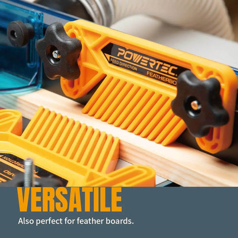 T Track Knob Kit Set With Five Star Knobs, 1/4-20 Threaded Bolts And Washers, installed on a woodworking feather board