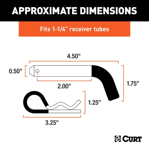 Diagram showing dimensions of Trailer Hitch Pin And Clip With Vinyl Coated Grip Half Inch Diameter Fits One And One Quarter Inch Receiver Zinc Clear Finish