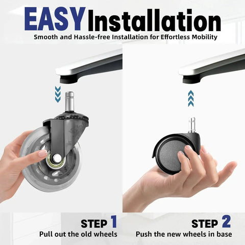 Steps to install Universal Replacement Office Chair Wheels Set Of 5 From Sytopia With 7/16 X 7/8 Inch Stem, illustrating easy setup.