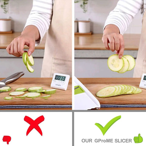 Comparison showing uneven slices versus even slices using Adjustable Mandoline Slicer With 5 Ultra Sharp Stainless Steel Blades For Veggies And Fruits GProMe Slicer Must Have For Julienned Strips Crinkle And Waffle Cuts French Fry Cutter Garlic Grinder Zucchini Slicer BPA Free White