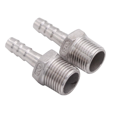 Stainless steel 3/8 in hose barb to 1/2 in NPT male pipe fittings, 2-pack.
