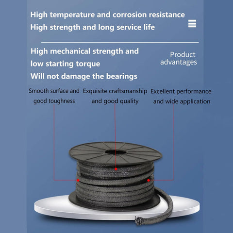 DRISSA expanded graphite braided packing on spool, 4x4 mm, 9.8 ft length, gray PTFE-graphite braid