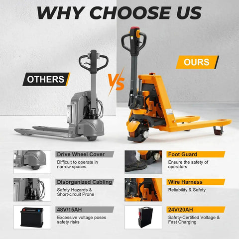 Front view of two pallet jacks: gray manual unit left and orange electric unit right.